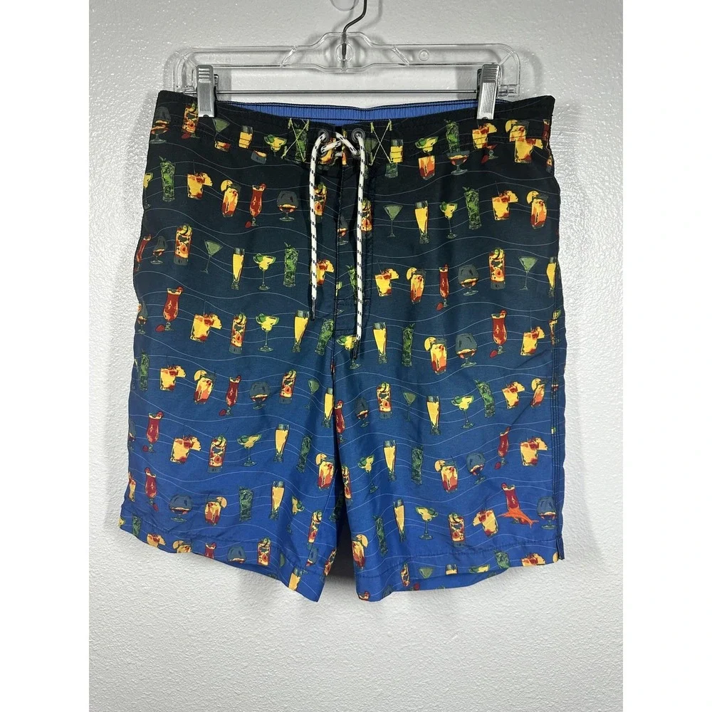 Tommy Bahama Relax Swim‎ Trunks Mens Medium Blue Cocktail Print Mesh Liner Beach